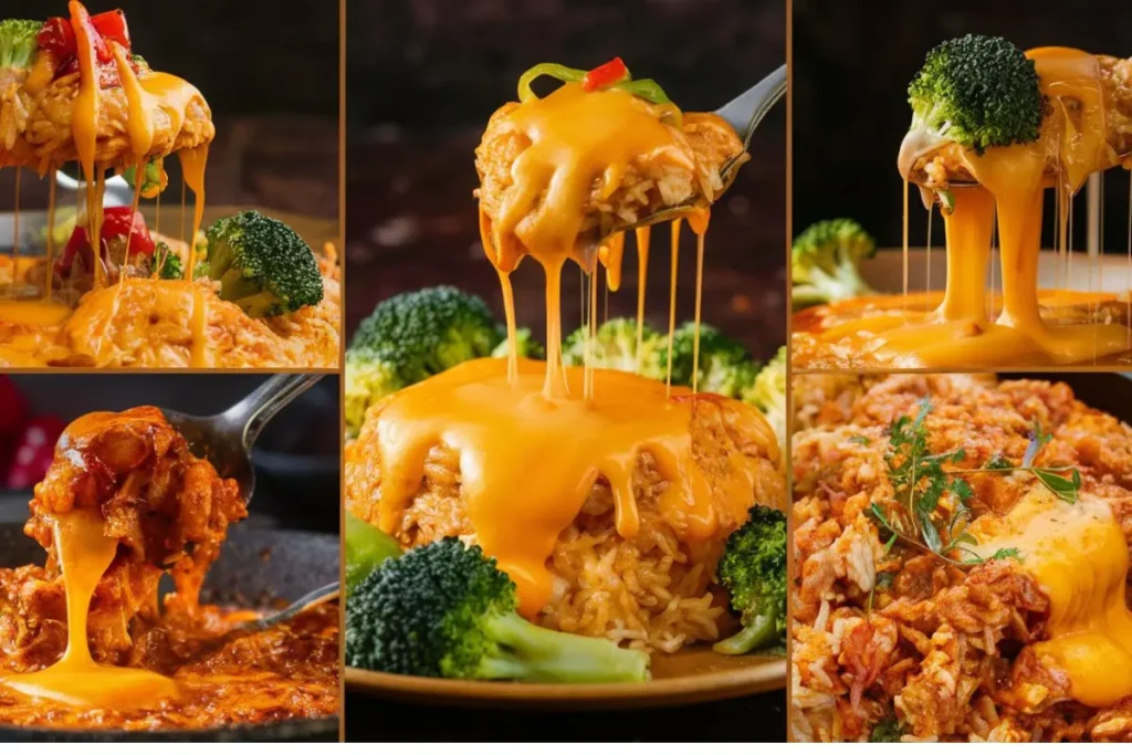 cheesy rice dishes with creamy, melted cheese over rice, garnished with vegetables like broccoli and bell peppers.