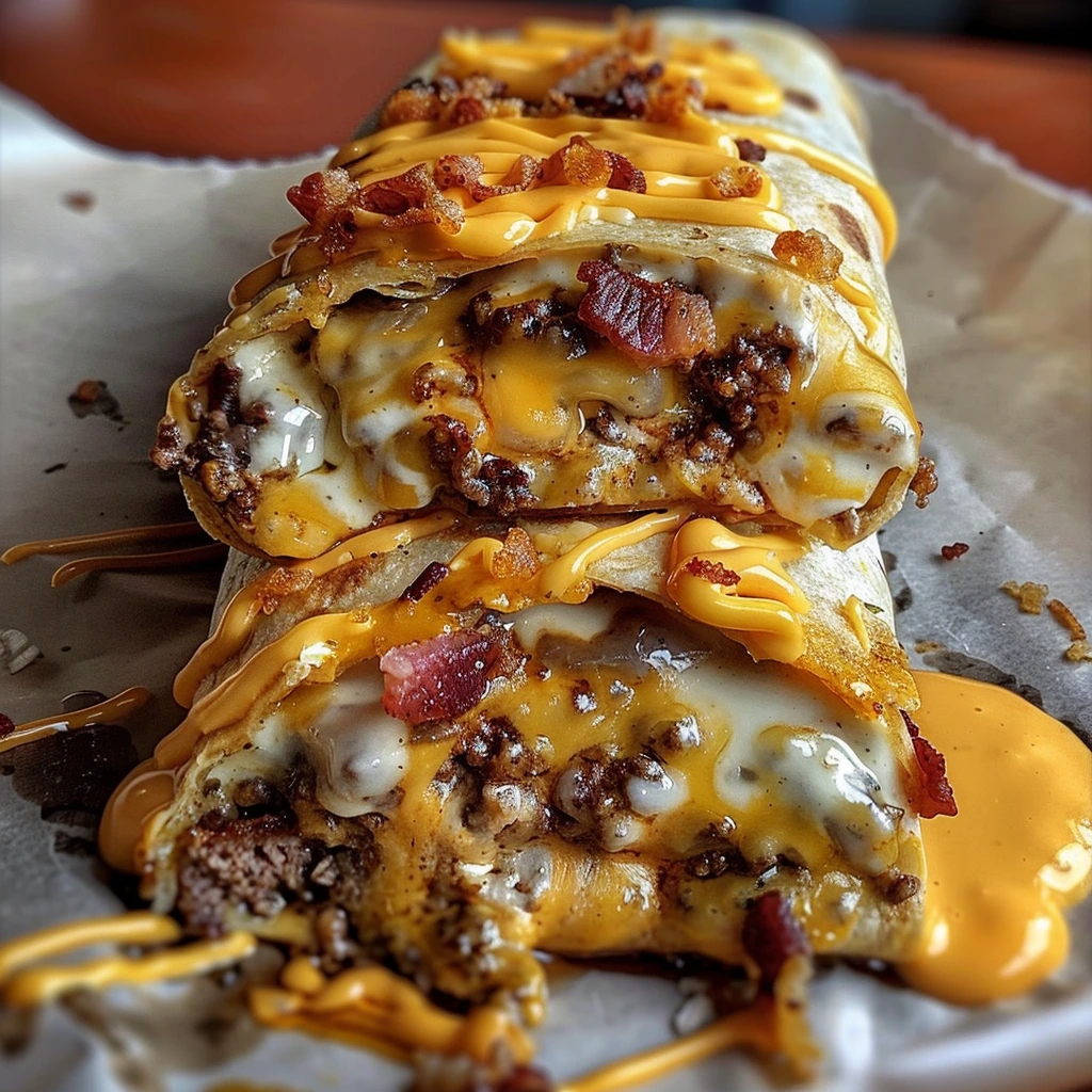 cheesy beef burrito, loaded burger burrito, bacon burger wrap